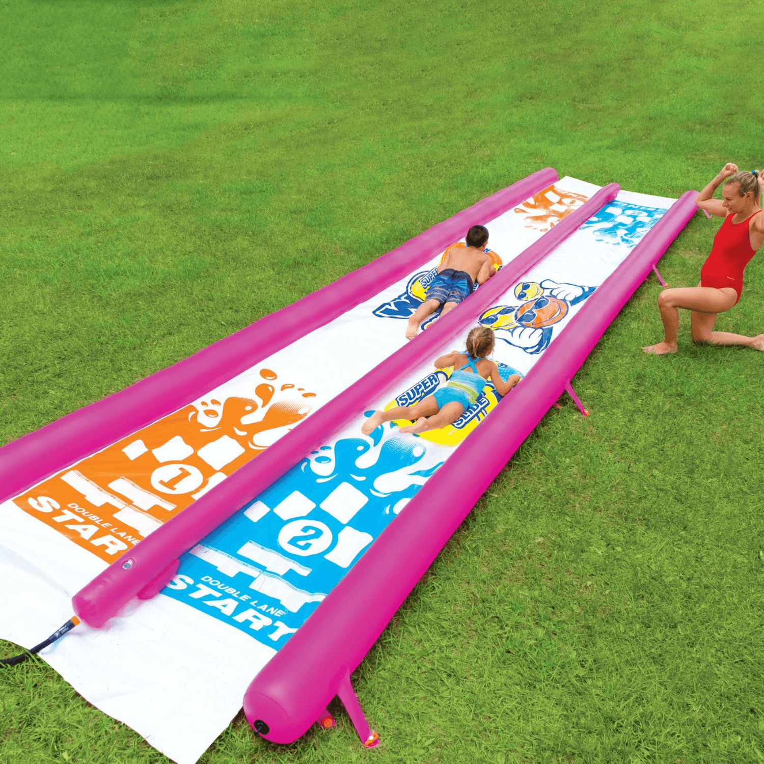 WOW Watersports Giant Backyard Double Lane Lawn Slide, Heavy Duty PVC and 2 Inflatable Sleds Jupiter Gear Home