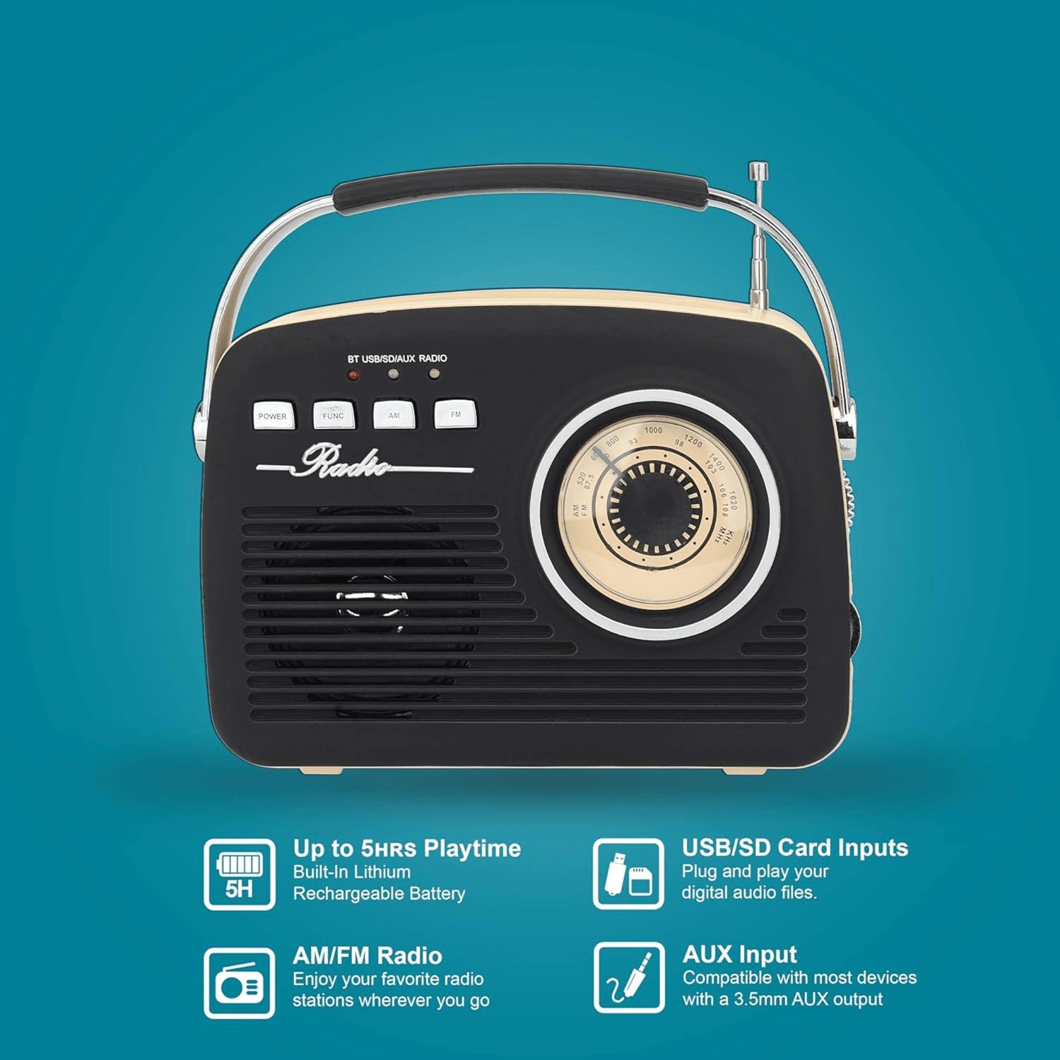 Supersonic Multi-Function Bluetooth Retro Speaker with Rechargeable Battery Jupiter Gear Home