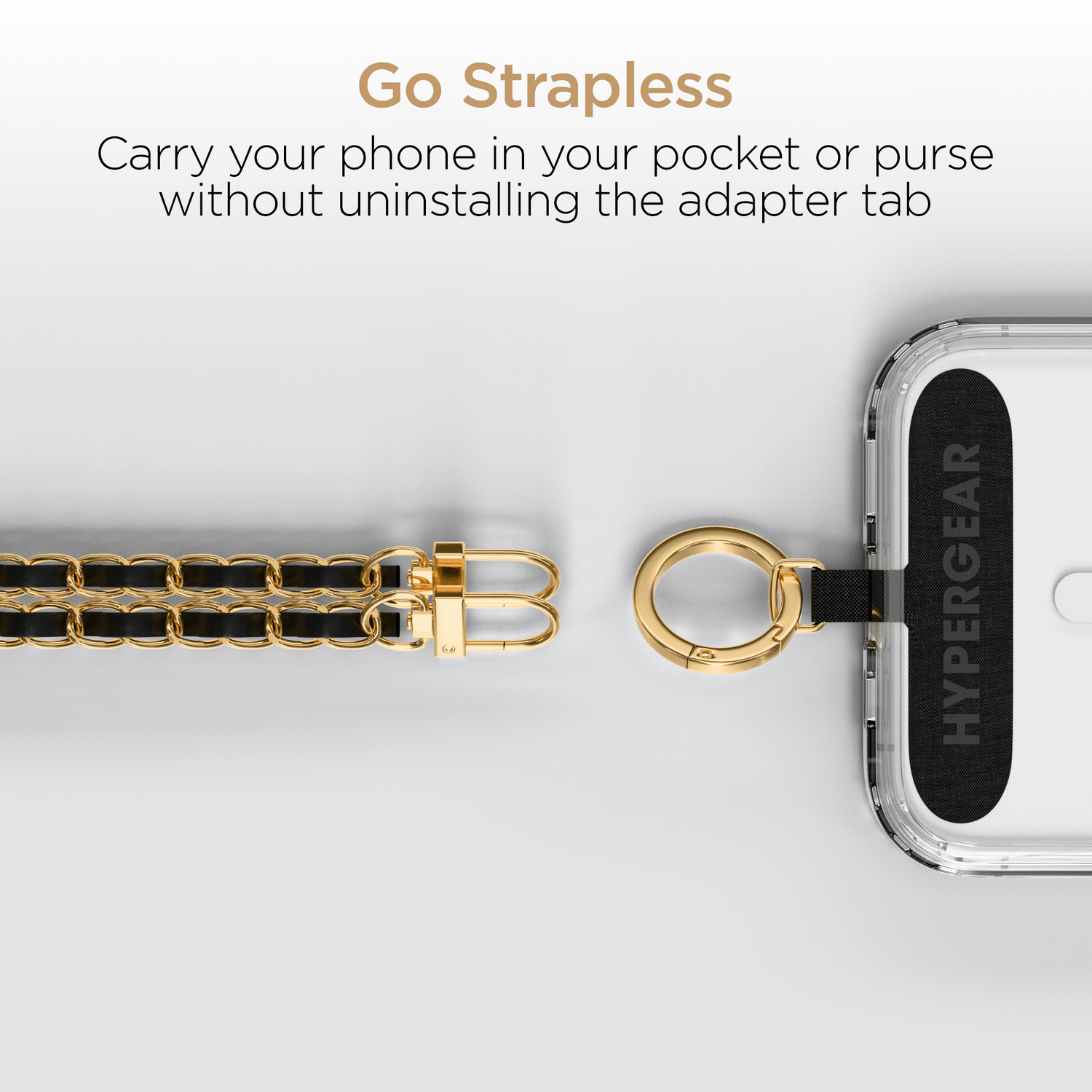 HyperGear TECHcessories Gold Chain with Black Vegan Leather Universal Crossbody Phone Strap Jupiter Gear Home