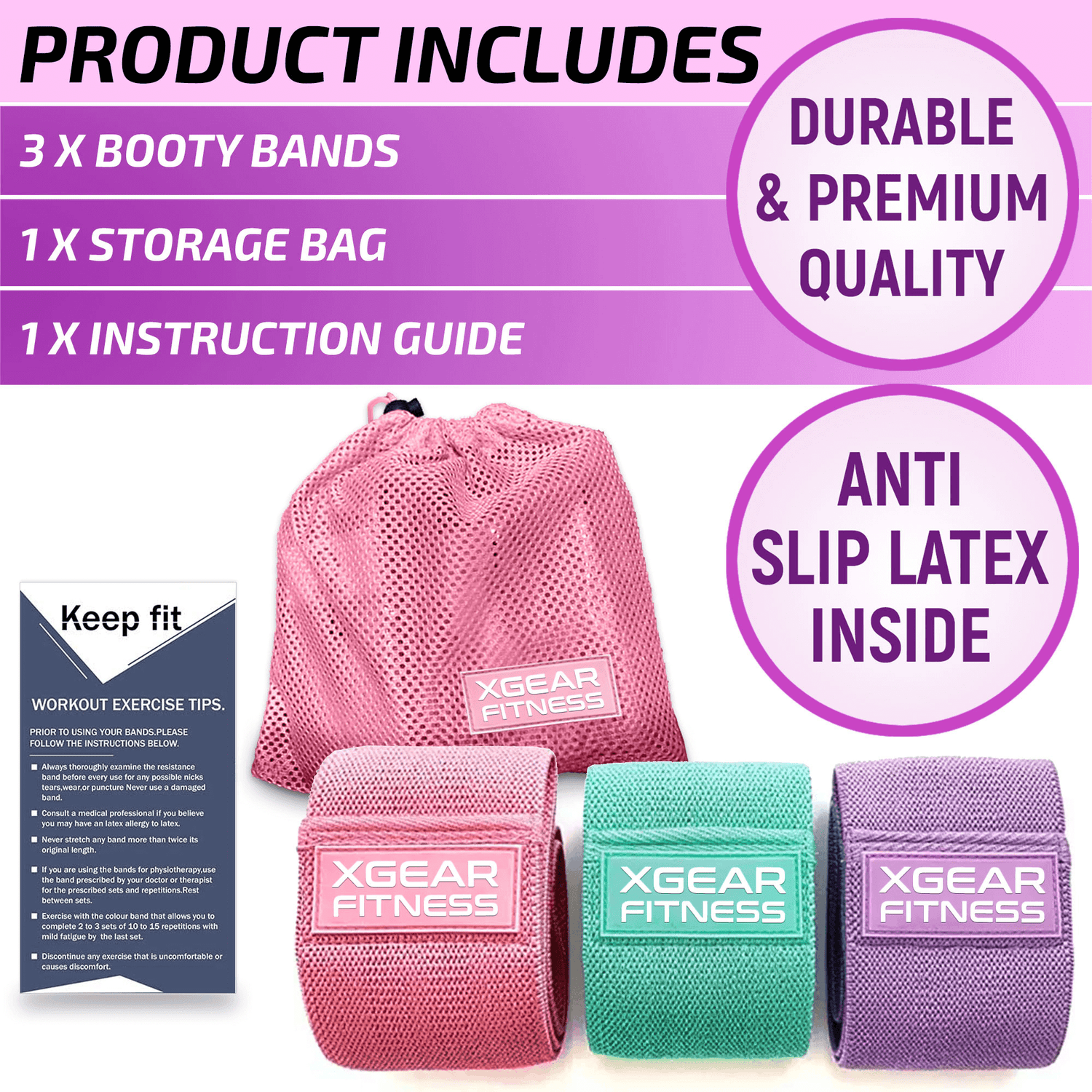 XGear Fitness Set of 3 Womens Butt and Hip Exercise Bands Jupiter Gear Home