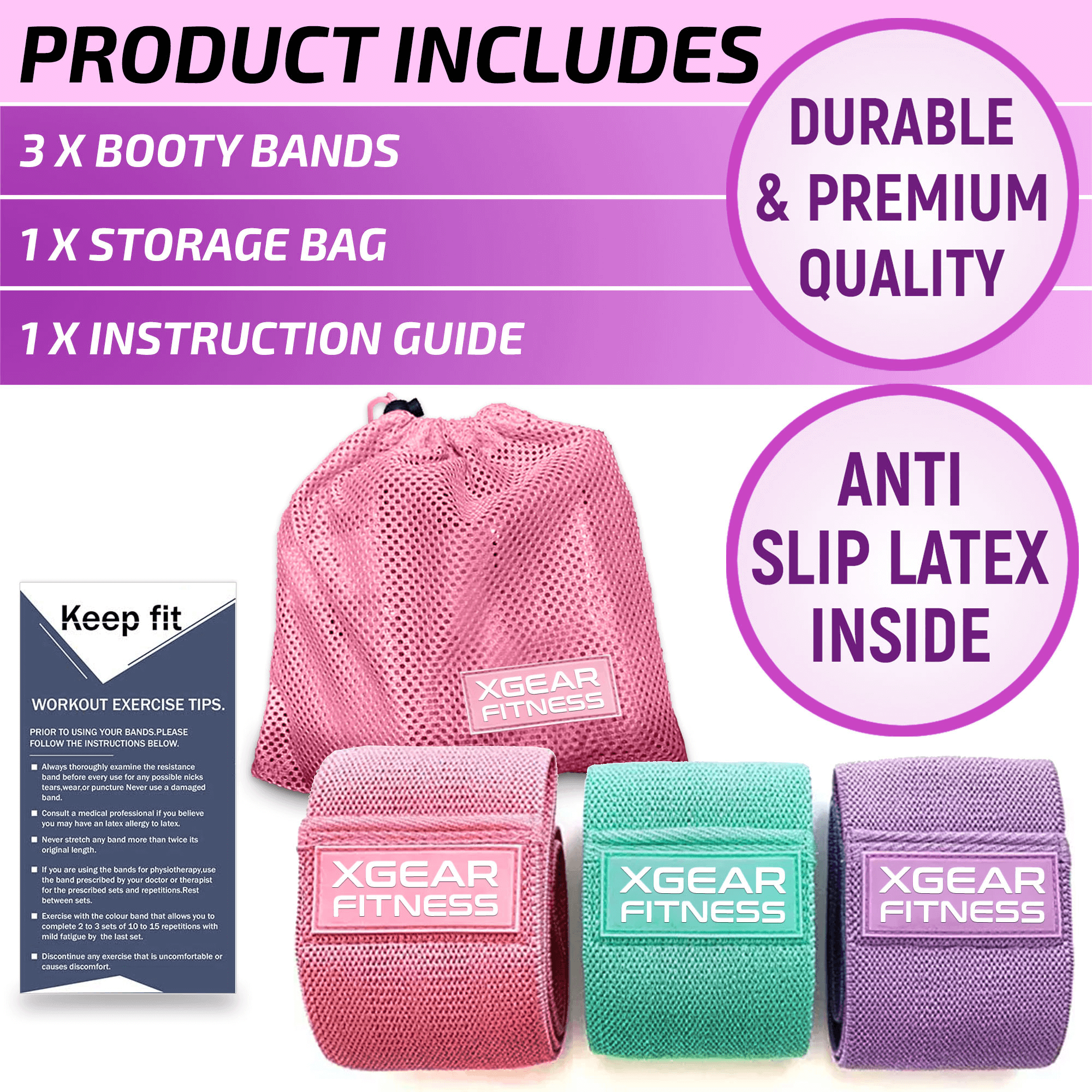 XGear Fitness Set of 3 Womens Butt and Hip Exercise Bands Jupiter Gear Home