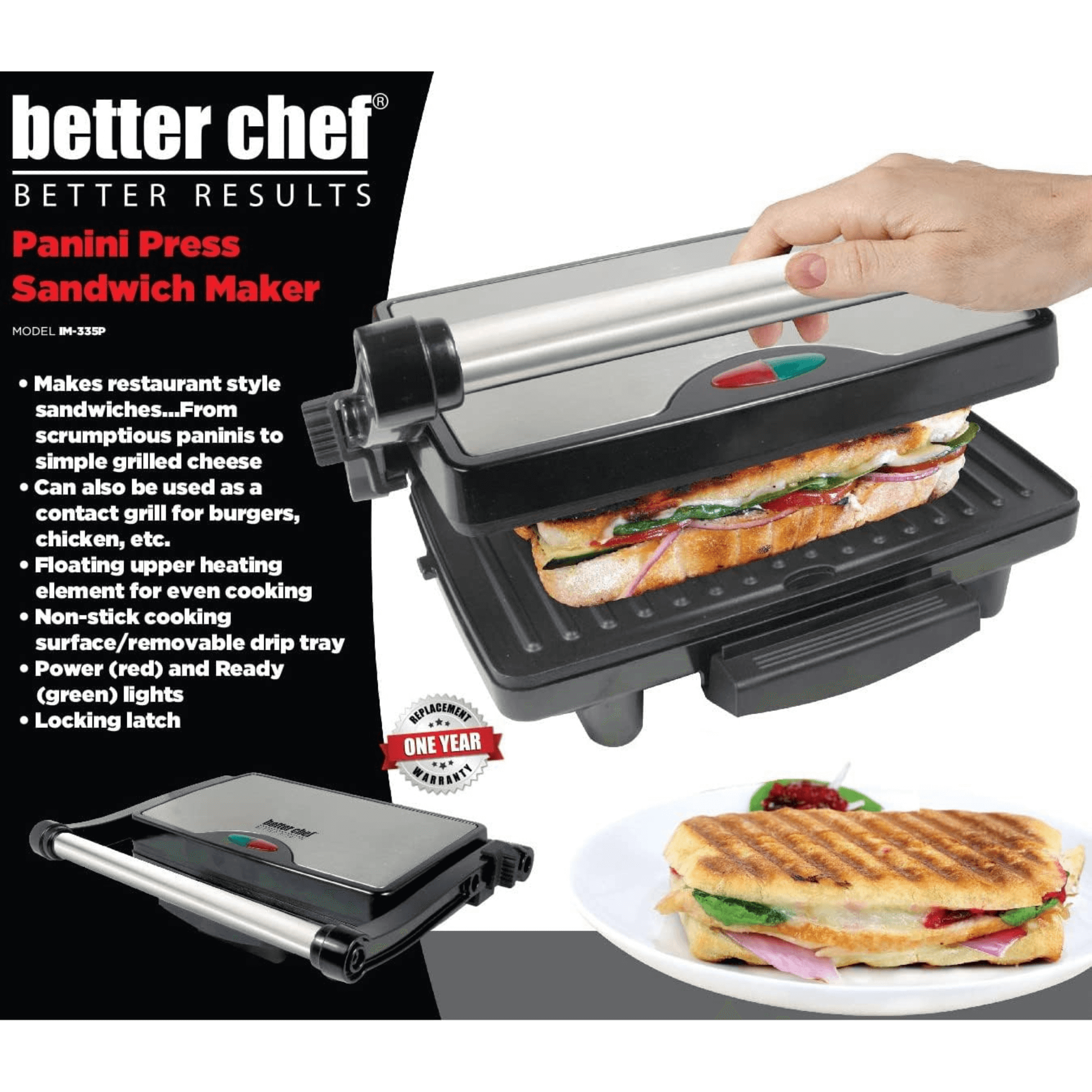 Better Chef Non-Stick Floating Hinge Panini Press Sandwich Maker Jupiter Gear Home