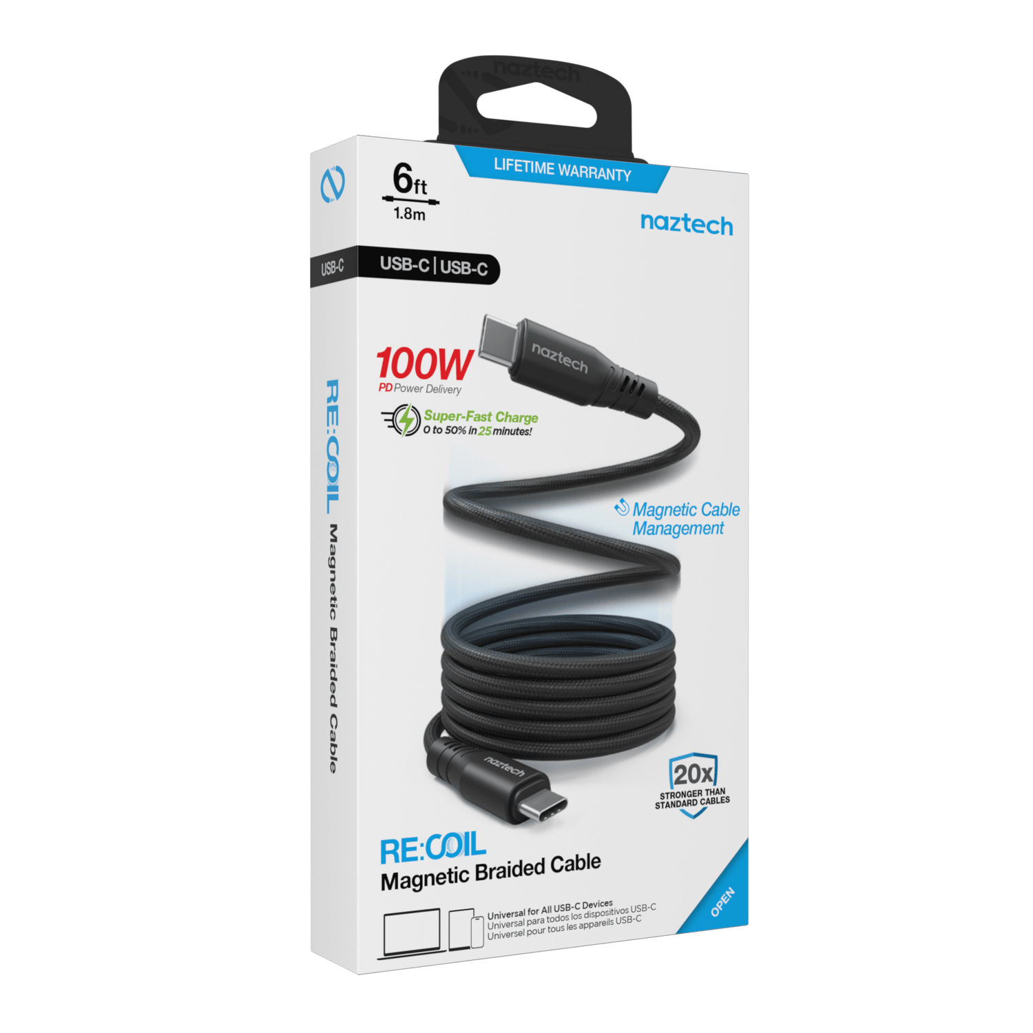 Naztech REcoil USB-C to USB-C Magnetic Cable 6ft Jupiter Gear Home