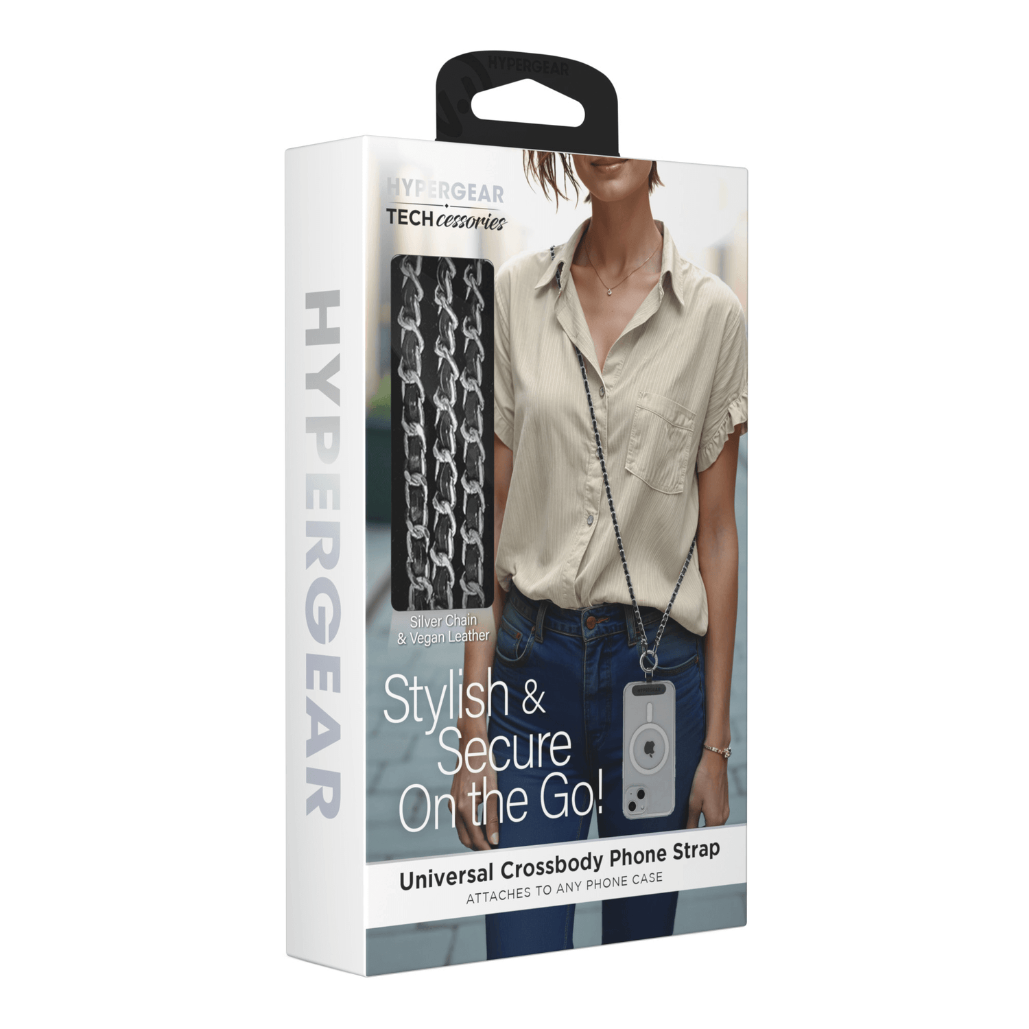 HyperGear TECHcessories Silver Chain with Black Vegan Leather Universal Crossbody Phone Strap Jupiter Gear Home