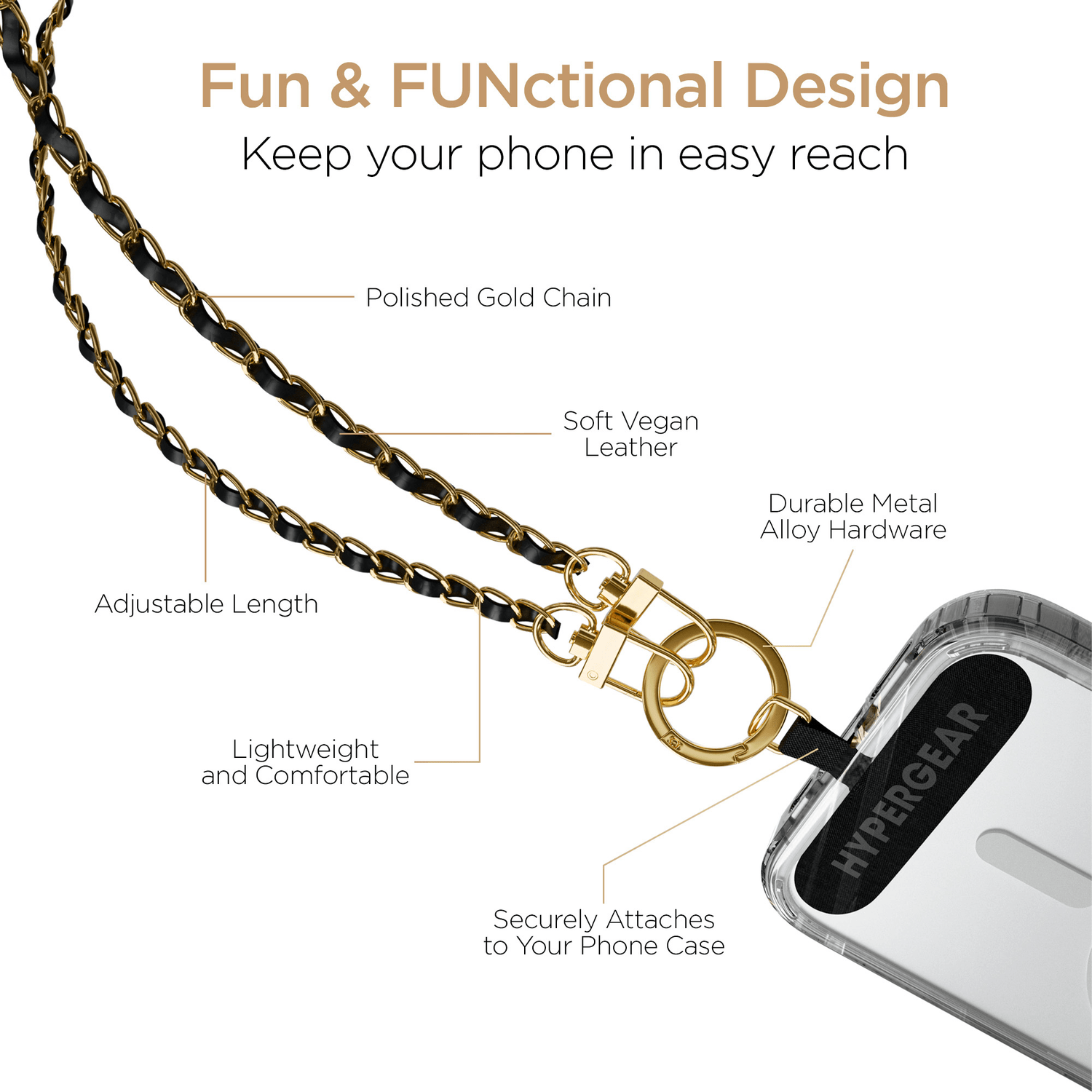 HyperGear TECHcessories Gold Chain with Black Vegan Leather Universal Crossbody Phone Strap Jupiter Gear Home