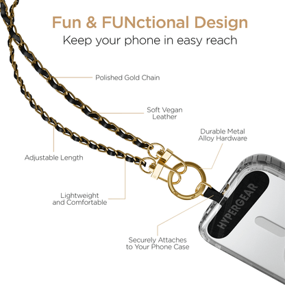 HyperGear TECHcessories Gold Chain with Black Vegan Leather Universal Crossbody Phone Strap Jupiter Gear Home