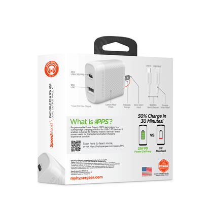 HyperGear SpeedBoost 25W USB-C PD + 12W USB Fast Wall Charger with PPS and 6ft MFi Lightning Cable Jupiter Gear Home