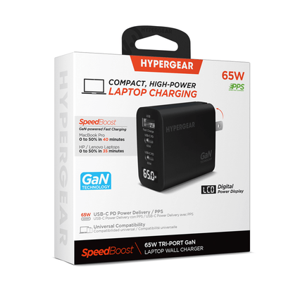 HyperGear SpeedBoost 65W USB-C PD Tri-Port GaN Laptop Charger with PPS and Digital Display Jupiter Gear Home