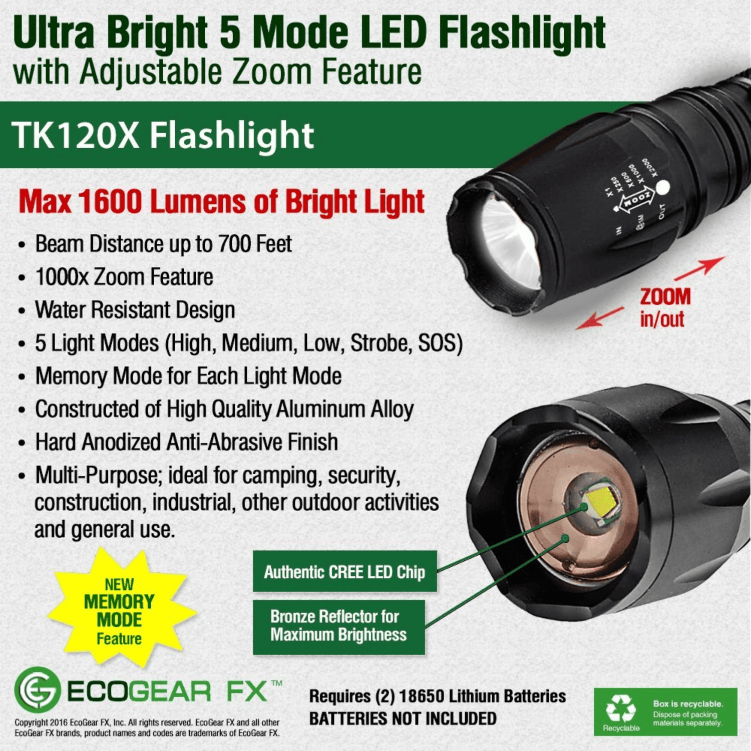 EcoGear FX TK120X LED 18650 Tactical Flashlight Jupiter Gear Home