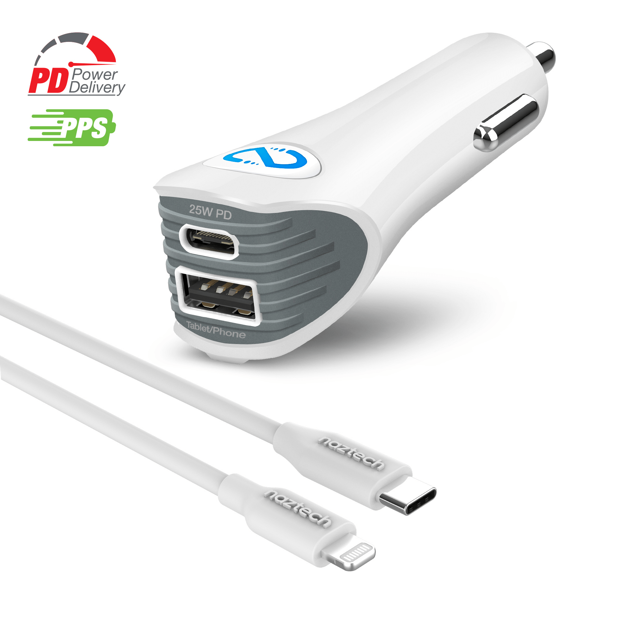 Naztech N420 PD25W+2.4A Car Charger + C to MFI 4ft Cable Jupiter Gear Home