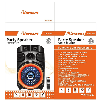 Norcent 8" Portable Bluetooth Outdoor Speaker with FM Radio and LED Lights Jupiter Gear Home