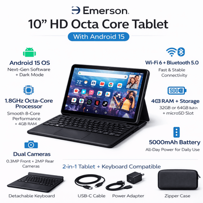 Emerson 10" HD Octa Core Tablet with Android 15 - Refurbished Jupiter Gear Home