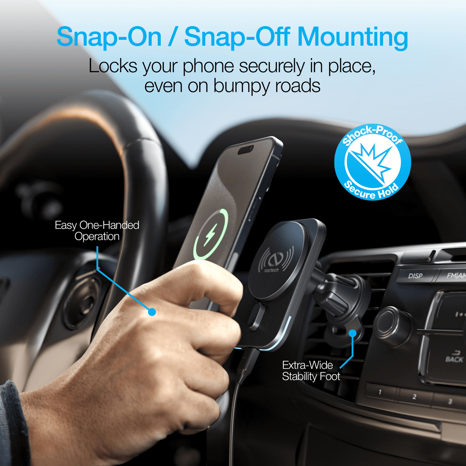 Naztech MagLock CAR 15W Magnetic Wireless Fast Charging Vent Mount with Qi2 Jupiter Gear Home
