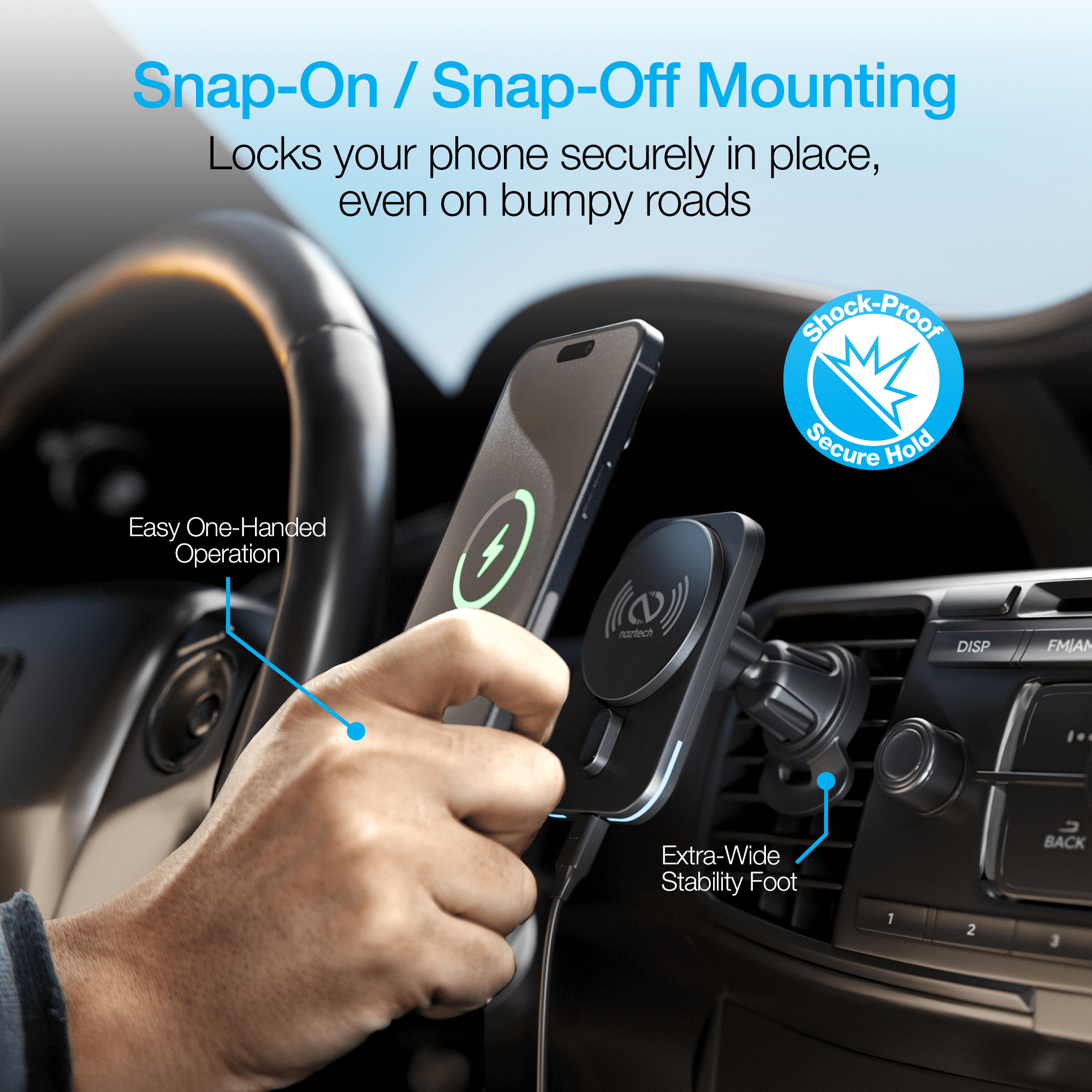 Naztech MagLock CAR 15W Magnetic Wireless Fast Charging Vent Mount with Qi2 Jupiter Gear Home