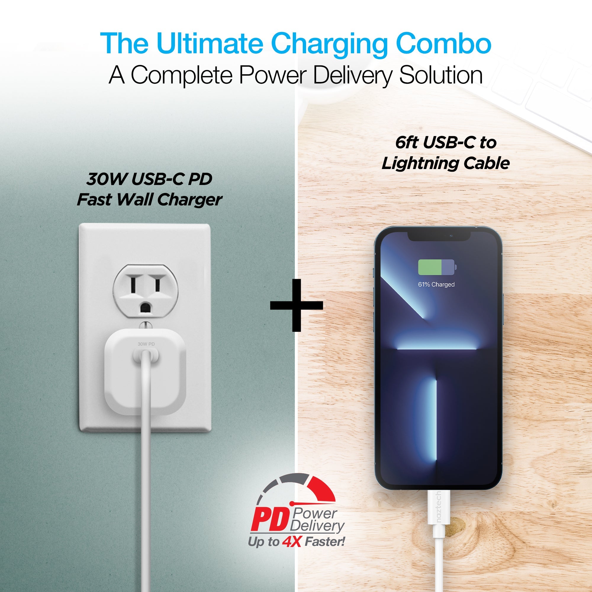 Naztech 30W PD Smart Chip Tech Wall Charger + USB-C to MFI Cable 6ft Jupiter Gear Home