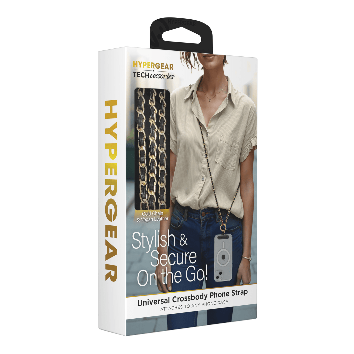 HyperGear TECHcessories Gold Chain with Black Vegan Leather Universal Crossbody Phone Strap Jupiter Gear Home