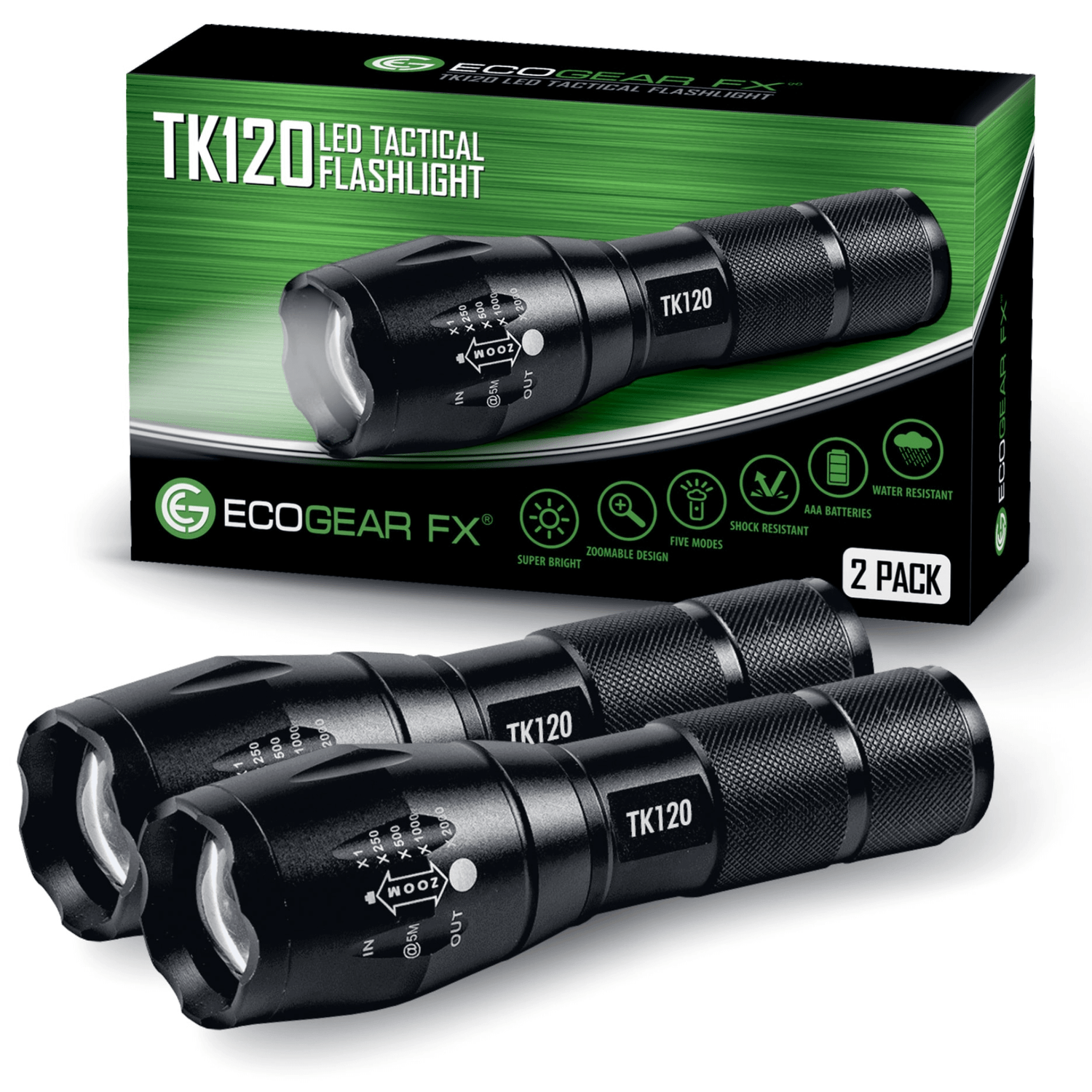 EcoGear FX TK120 LED Tactical Flashlight with Strobe 2-Pack Jupiter Gear Home