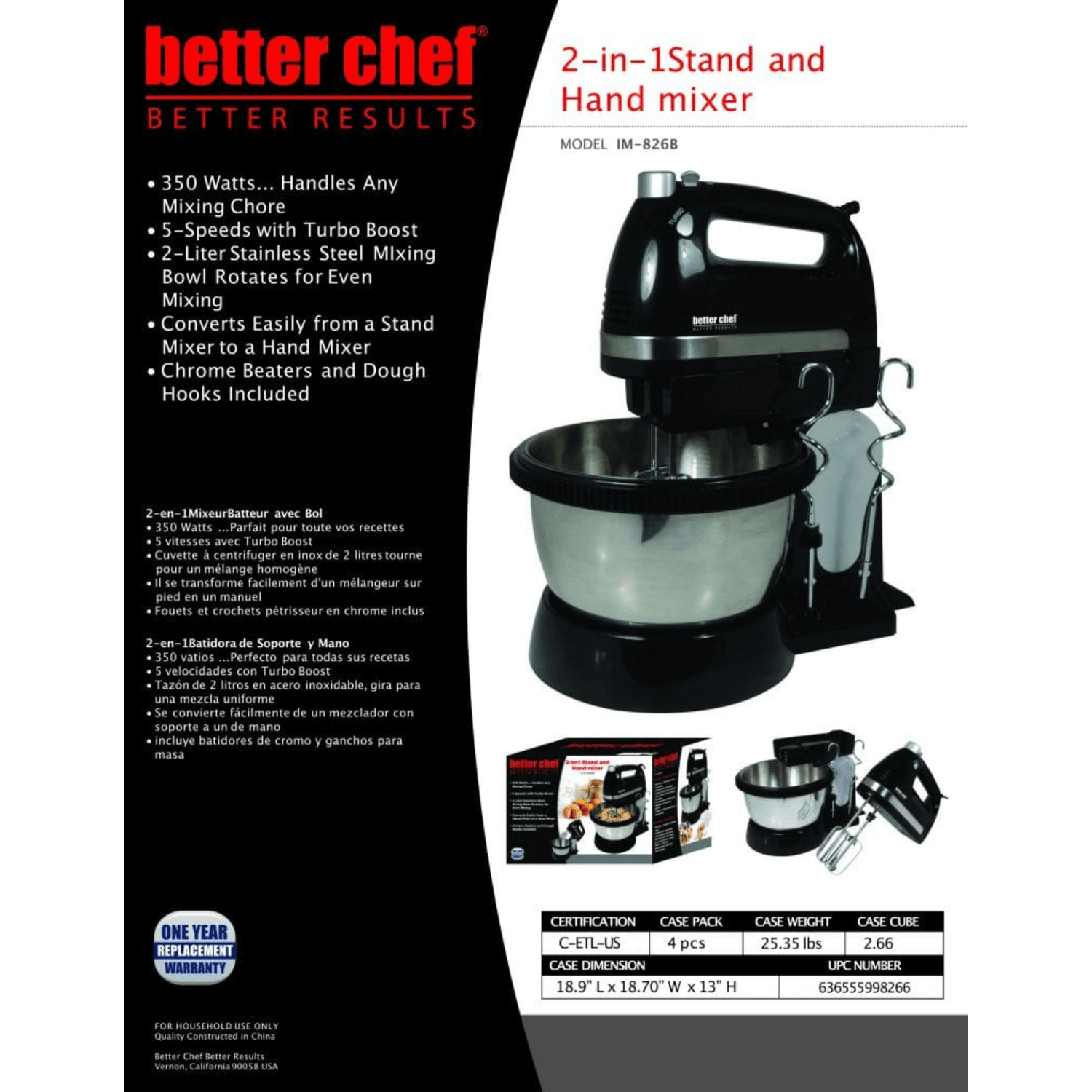 Better Chef 350W 5-Speed-plus-Boost Hand and Stand Mixer w Bowl Jupiter Gear Home