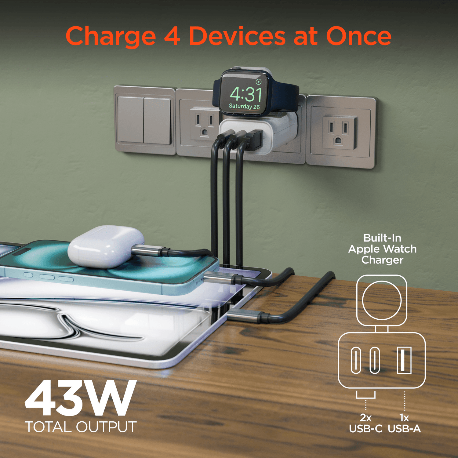 HyperGear SpeedBoost 43W 3-Port Fast Phone and Watch Wall Charger Jupiter Gear Home