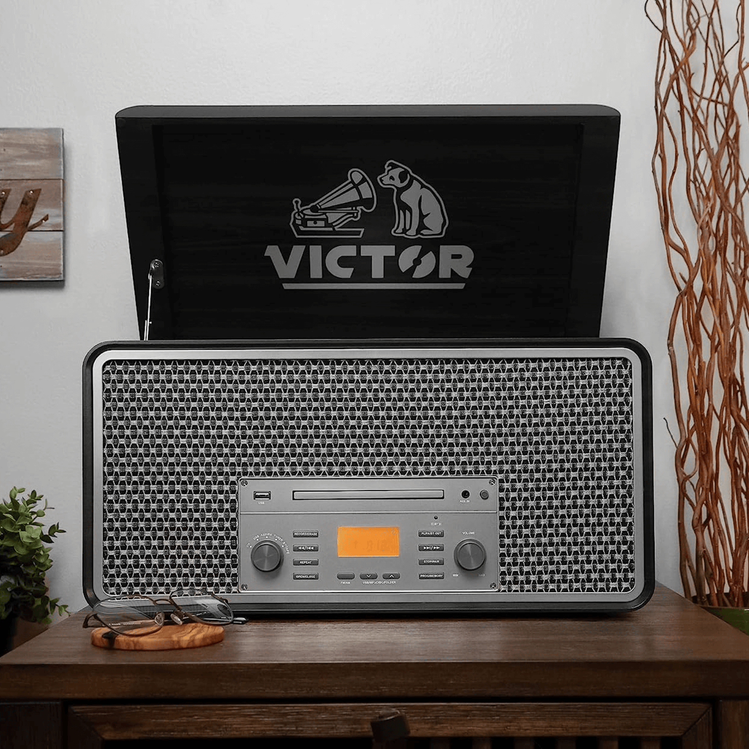 Victor Monument 8-in-1 Wood Music Center Graphite - Refurbished Jupiter Gear Home