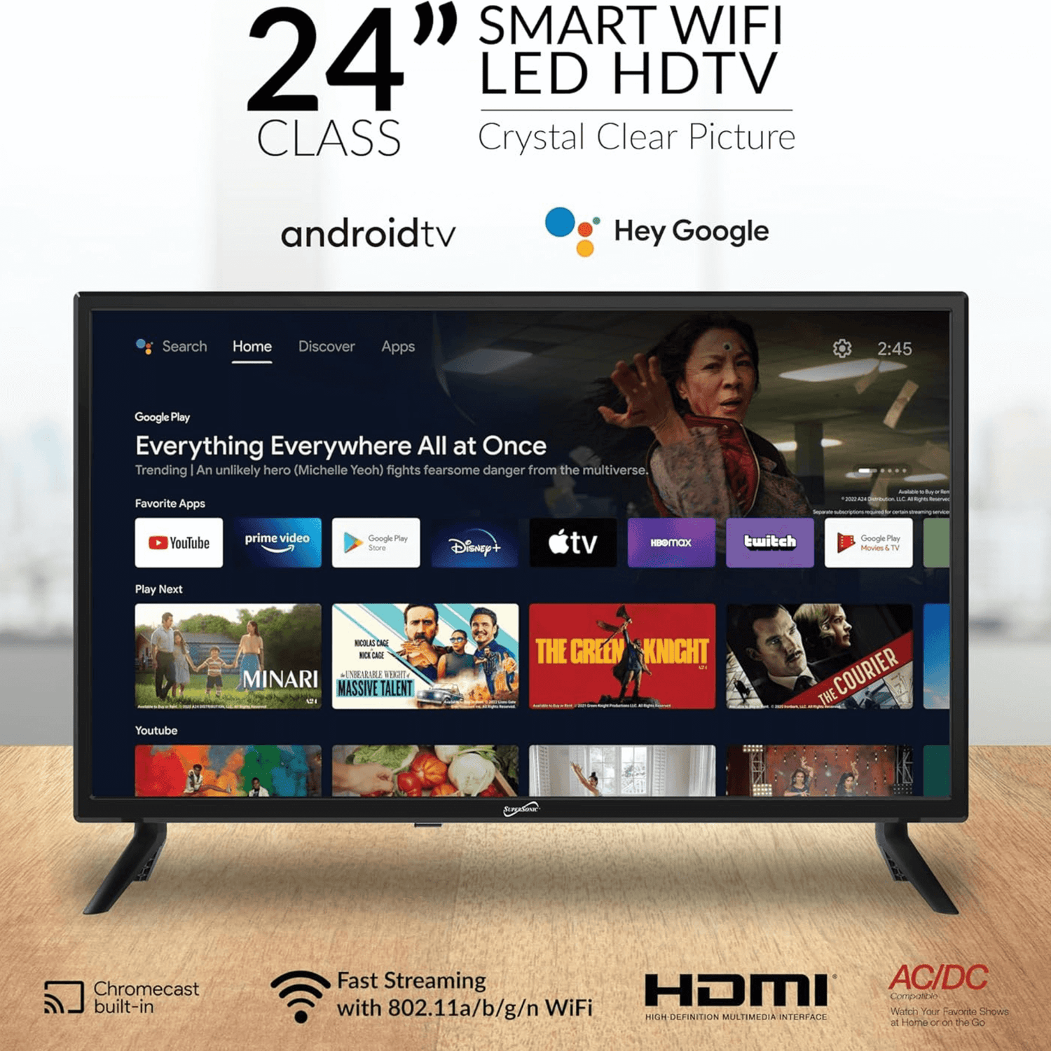 Supersonic 24-inch DLED Smart HDTV with Google Assistant ATSC and NTSC System ACDC Compatible Jupiter Gear Home