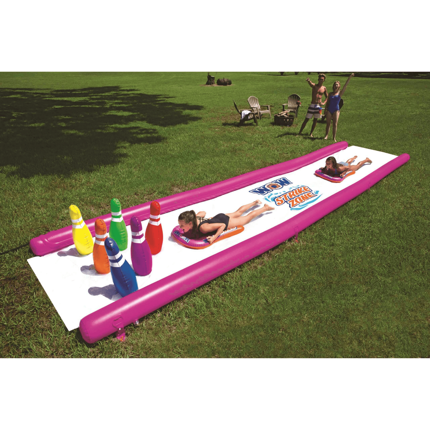 WOW Watersports Strike Zone Water Slide w 6 Giant Inflatable Bowling Pins and Sprinkler Jupiter Gear Home
