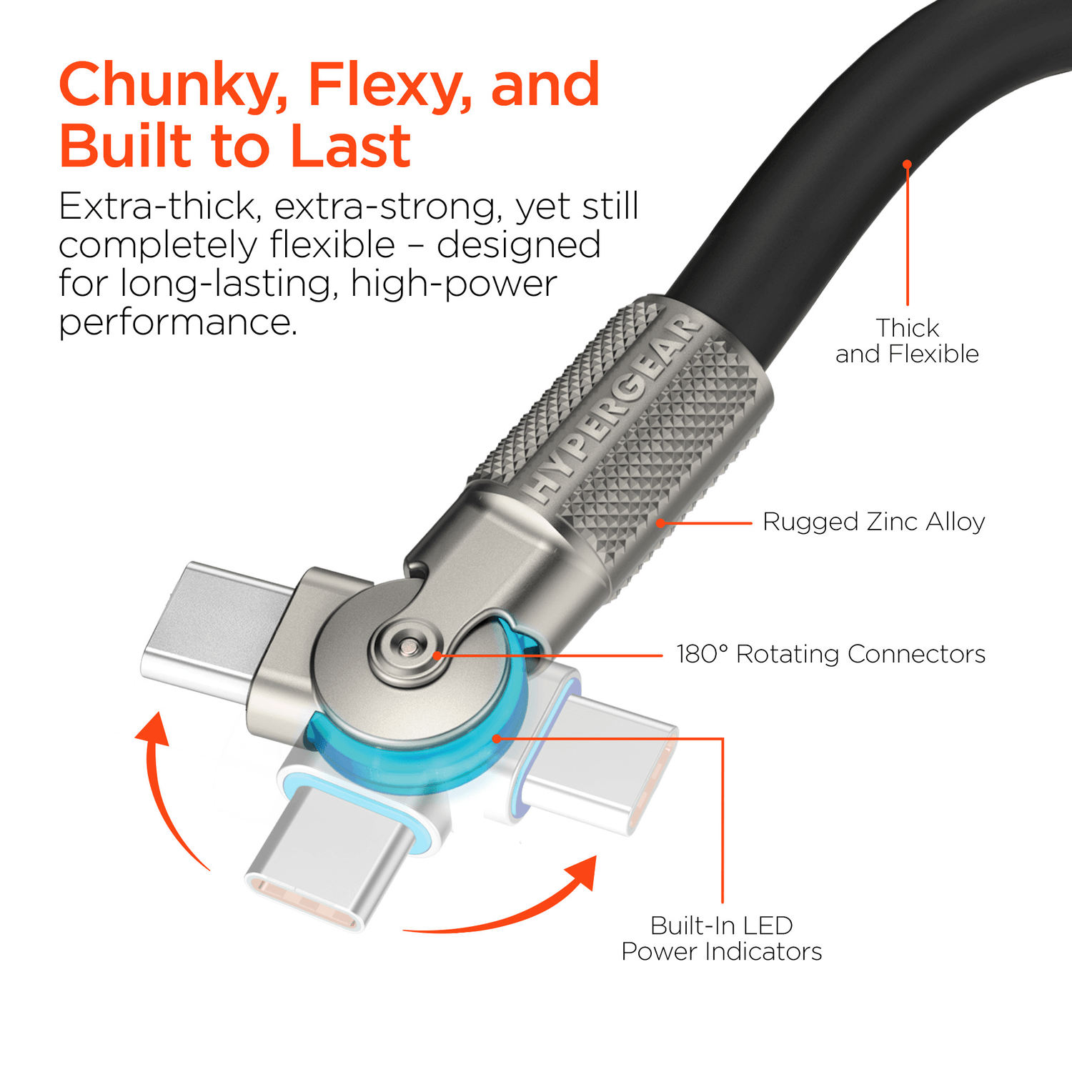 HyperGear Chunky180° 100W USB-C to USB-C Rugged Fast Charge Cable 12ft Jupiter Gear Home