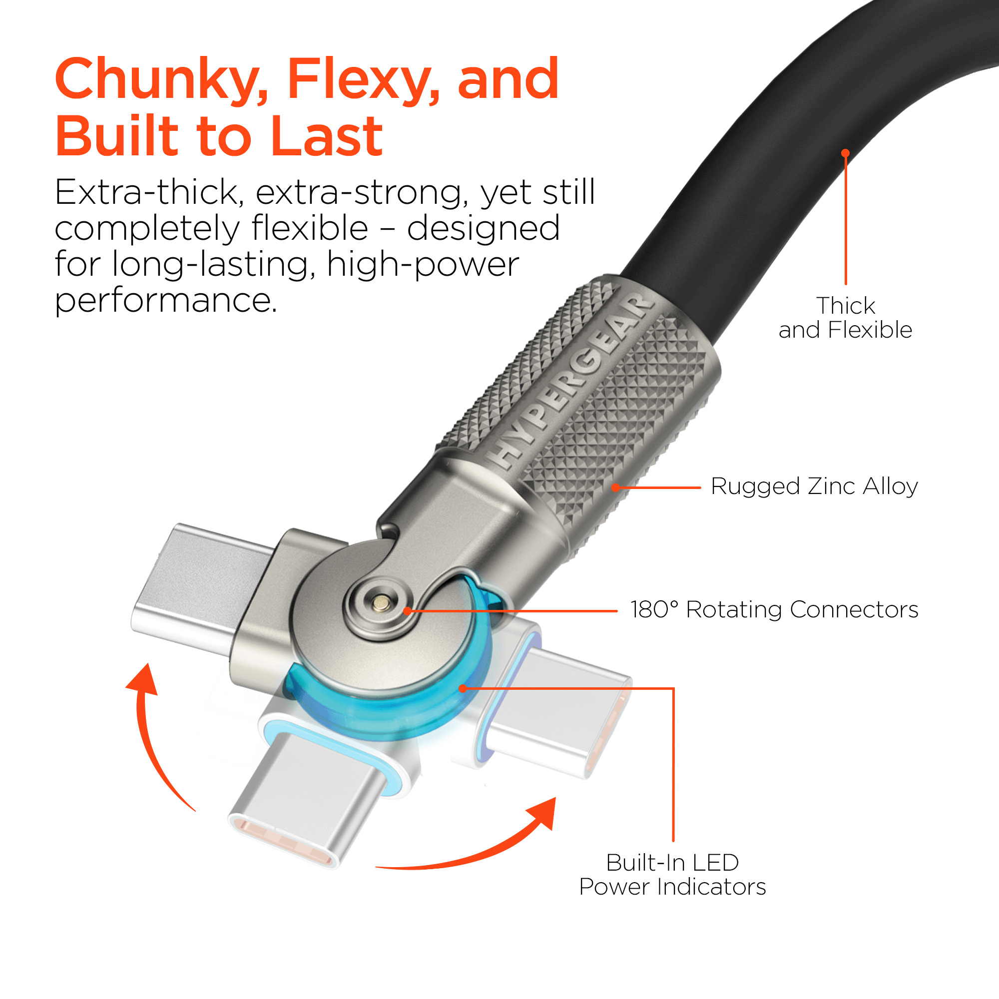 HyperGear Chunky180° 100W USB-C to USB-C Rugged Fast Charge Cable 12ft Jupiter Gear Home