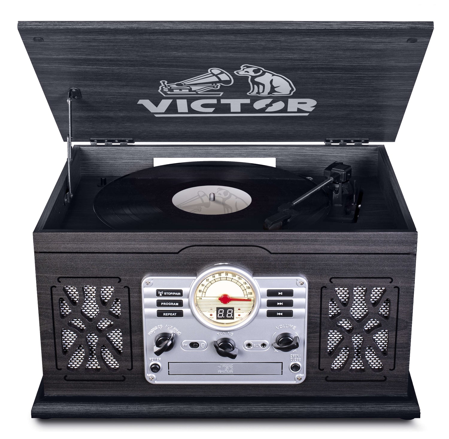 Victor State 7-in-1 Wood Music Center with 3-Speed Turntable and Dual Bluetooth Jupiter Gear Home