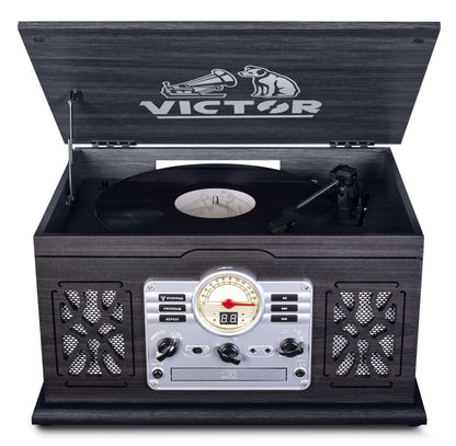 Victor State 7-in-1 Wood Music Center with 3-Speed Turntable and Dual Bluetooth Jupiter Gear Home