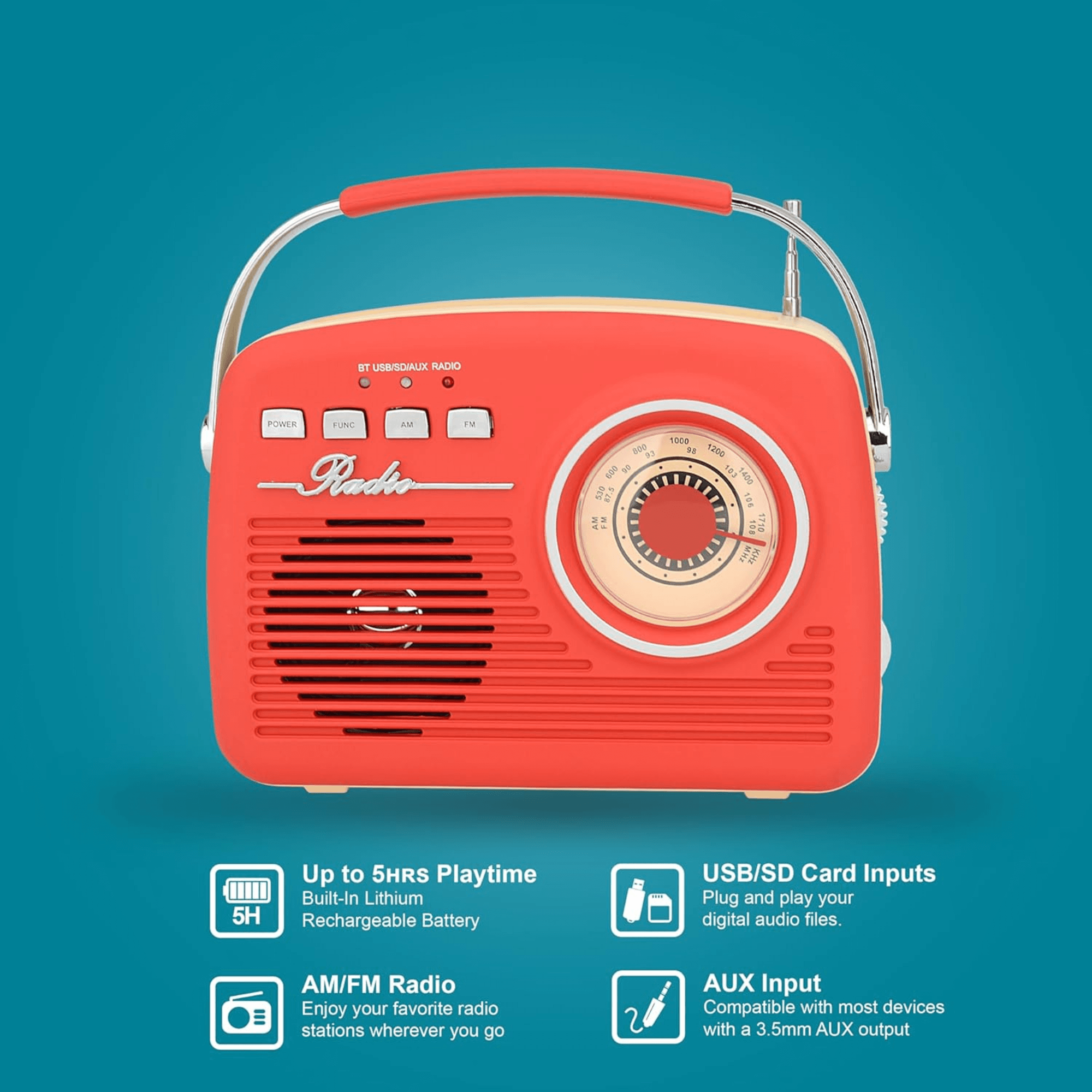 Supersonic Multi-Function Bluetooth Retro Speaker with Rechargeable Battery Jupiter Gear Home