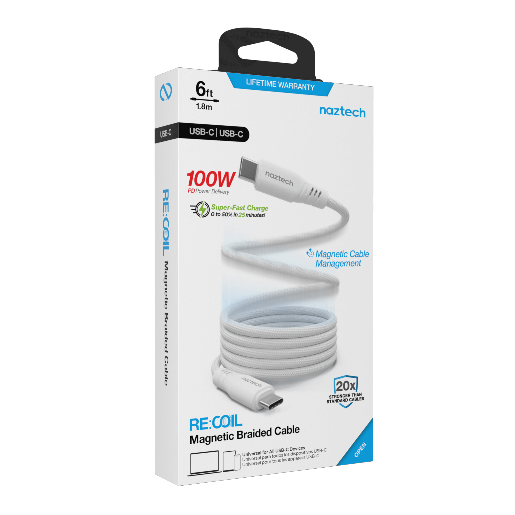 Naztech REcoil USB-C to USB-C Magnetic Cable 6ft Jupiter Gear Home