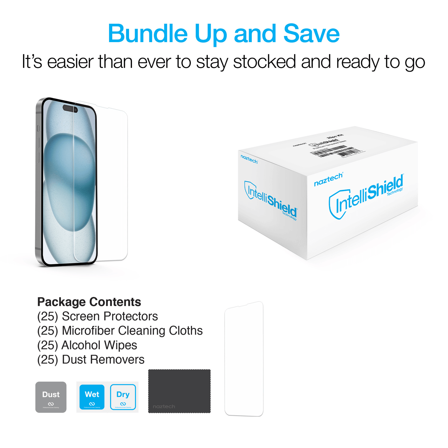 Naztech IntelliShield HD Tempered Glass 25pc Bundle Kit for iPhone 15 Pro Jupiter Gear Home