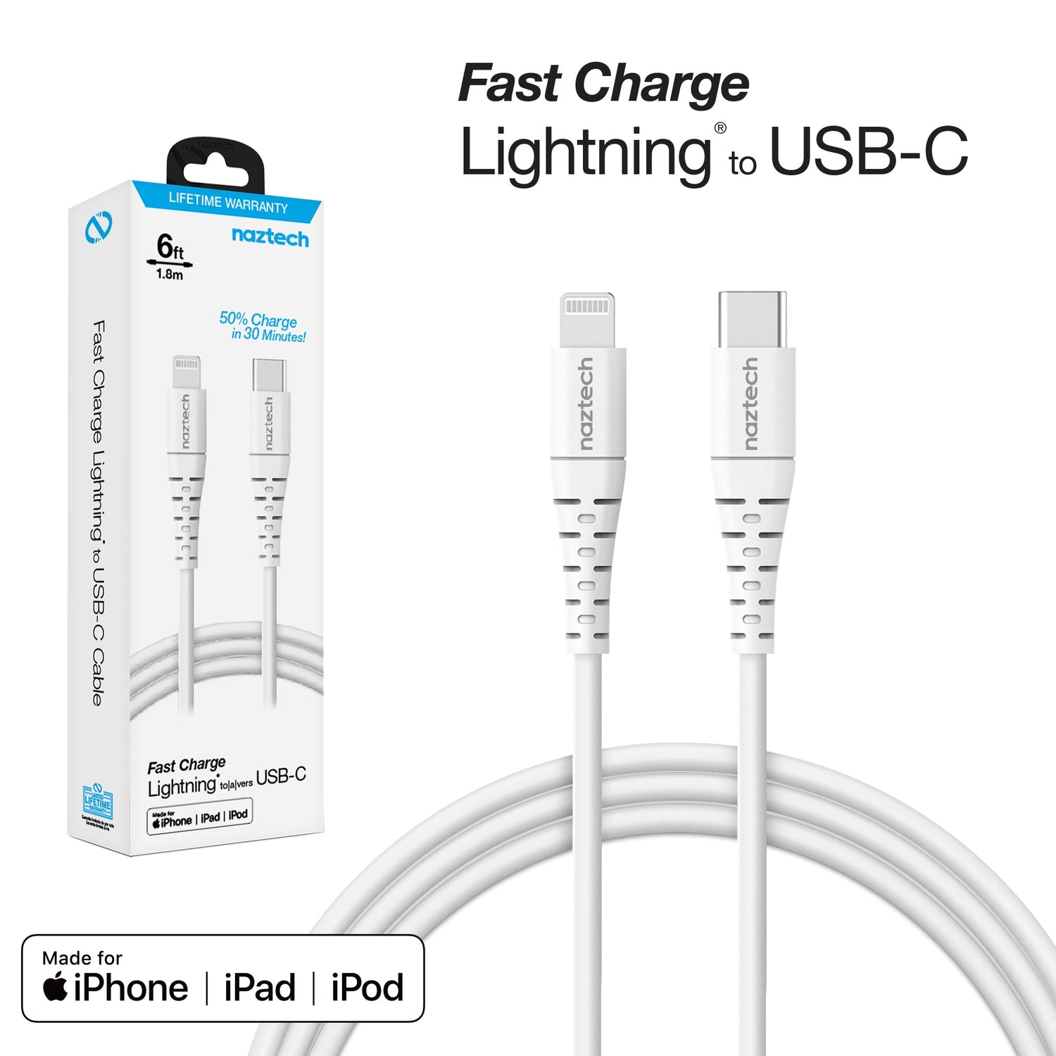 Naztech PD MFI Lightning to USB-C Cable 6ft White Jupiter Gear Home