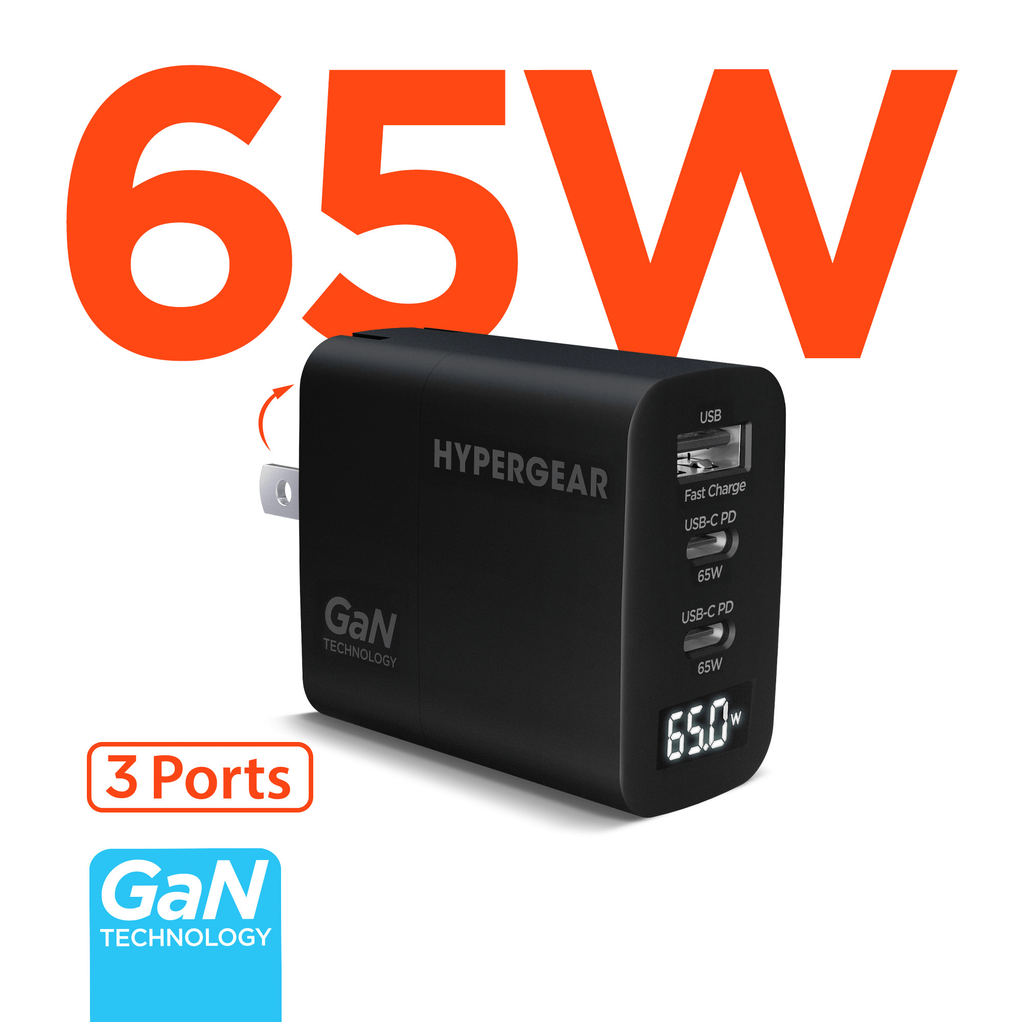 HyperGear SpeedBoost 65W USB-C PD Tri-Port GaN Laptop Charger with PPS and Digital Display Jupiter Gear Home