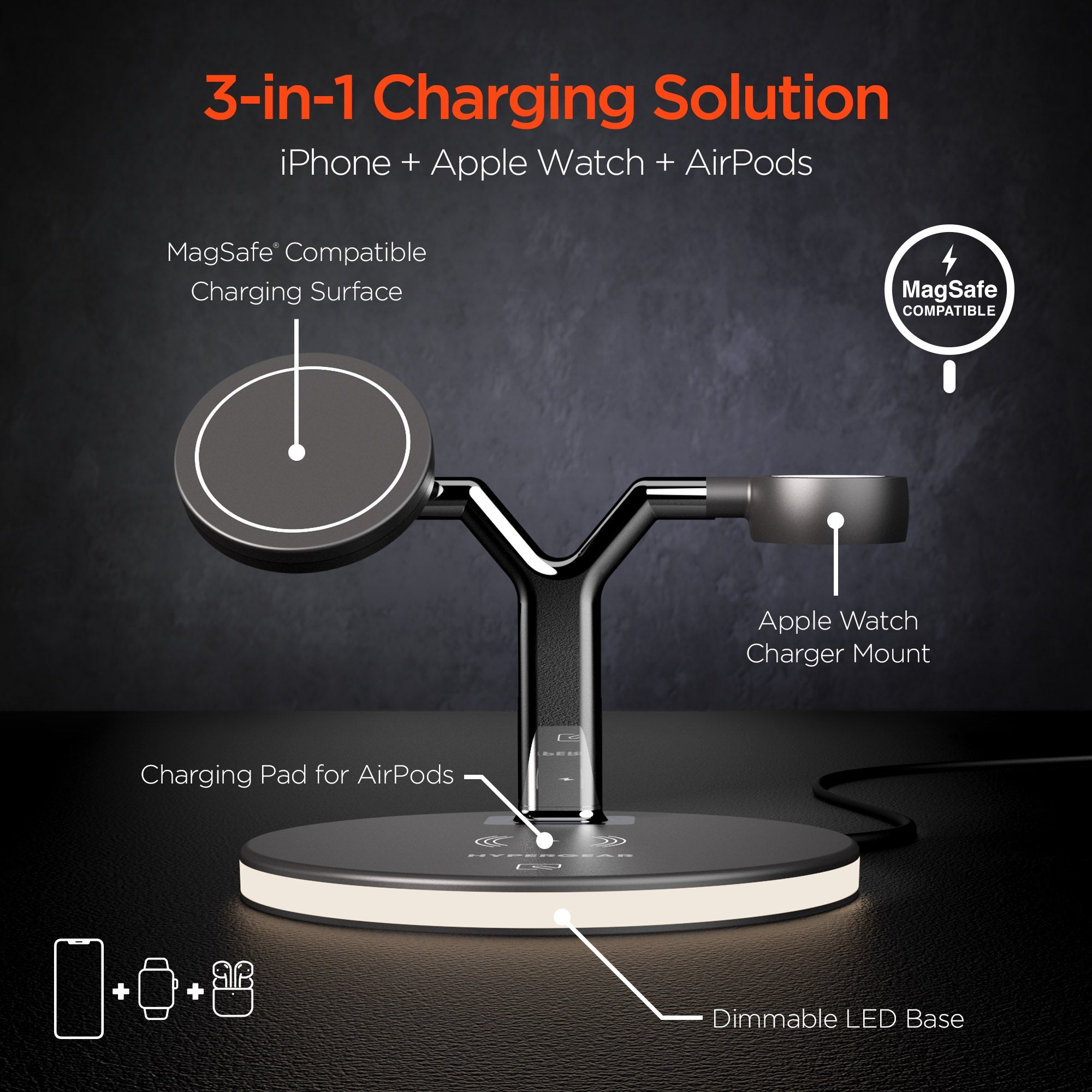 HyperGear MaxCharge 3-in-1 MagSafe Wireless Charging Stand for Phones Jupiter Gear Home