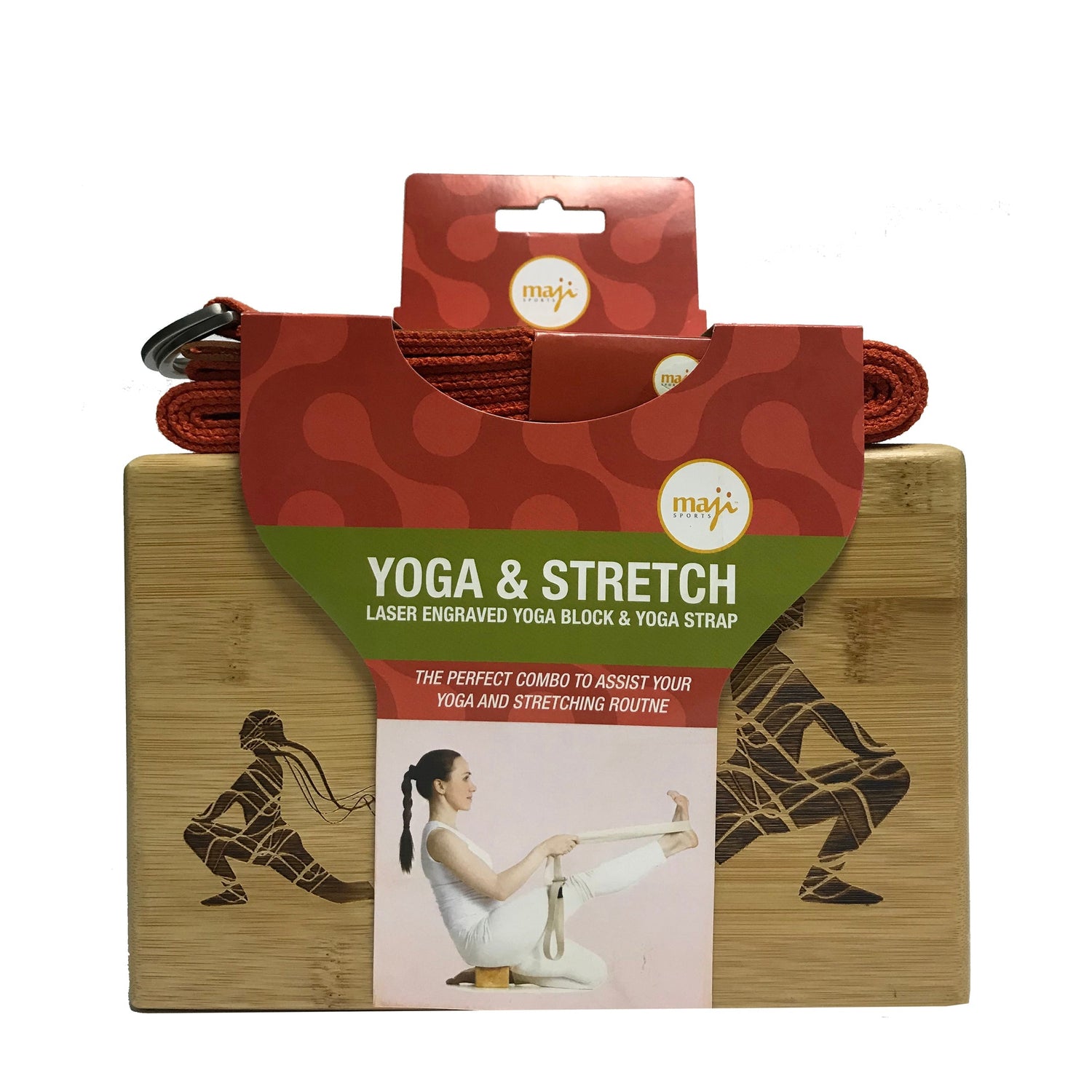 Maji Sports Laser Engraved Bamboo Yoga Block &amp; Strap Combo Jupiter Gear Home