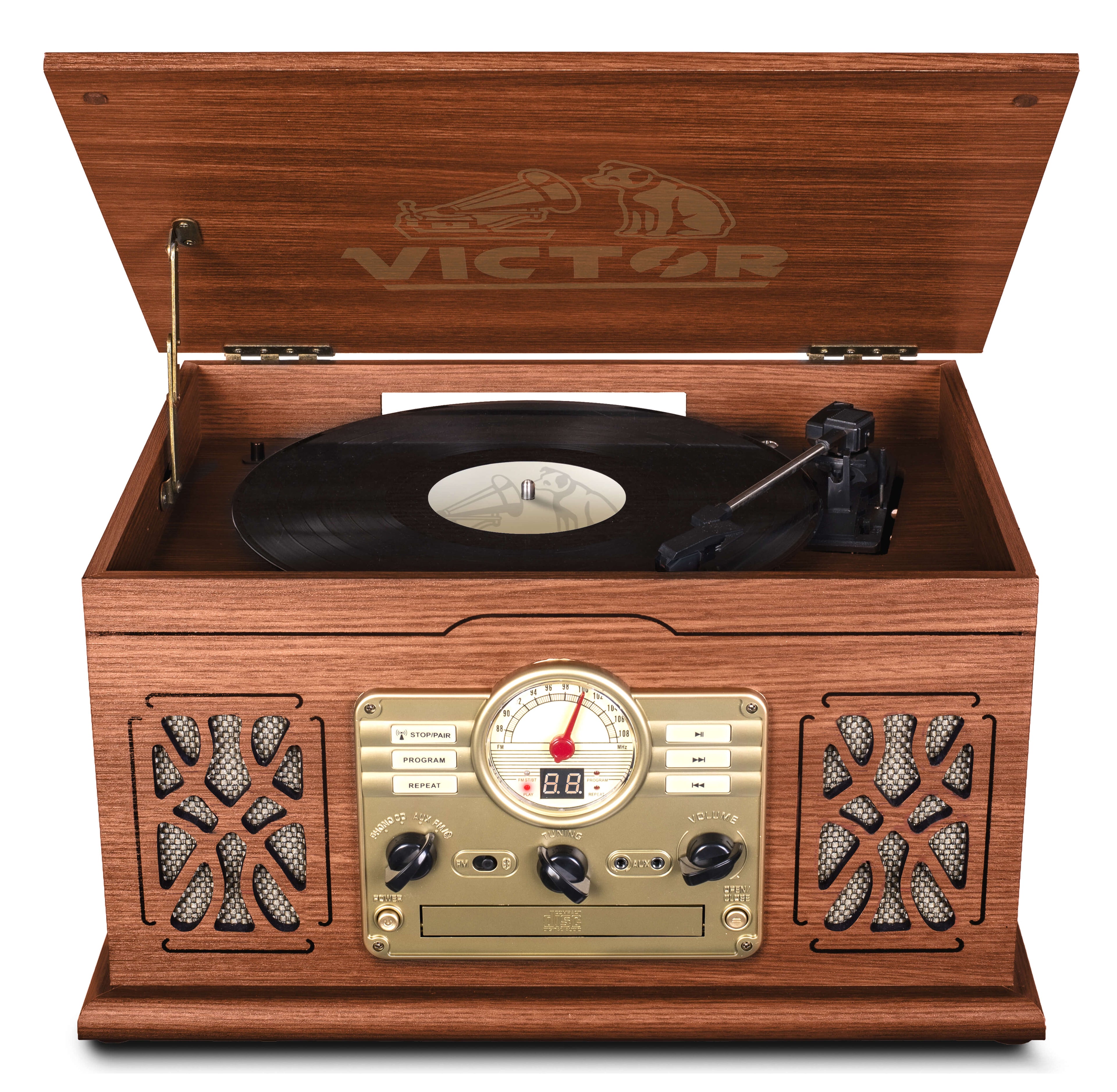 Victor State 7-in-1 Wood Music Center with 3-Speed Turntable and Dual Bluetooth Jupiter Gear Home