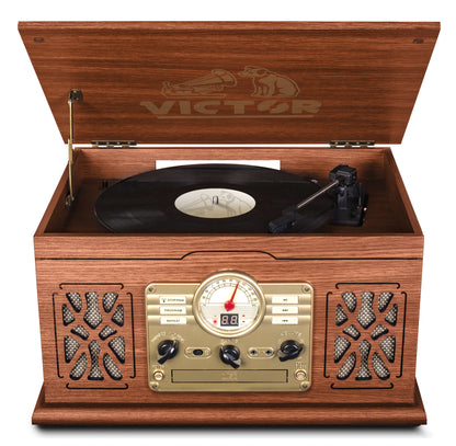 Victor State 7-in-1 Wood Music Center with 3-Speed Turntable and Dual Bluetooth Jupiter Gear Home