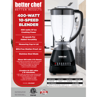 Better Chef 10-Speed 400W Plastic Jar Blender Jupiter Gear Home