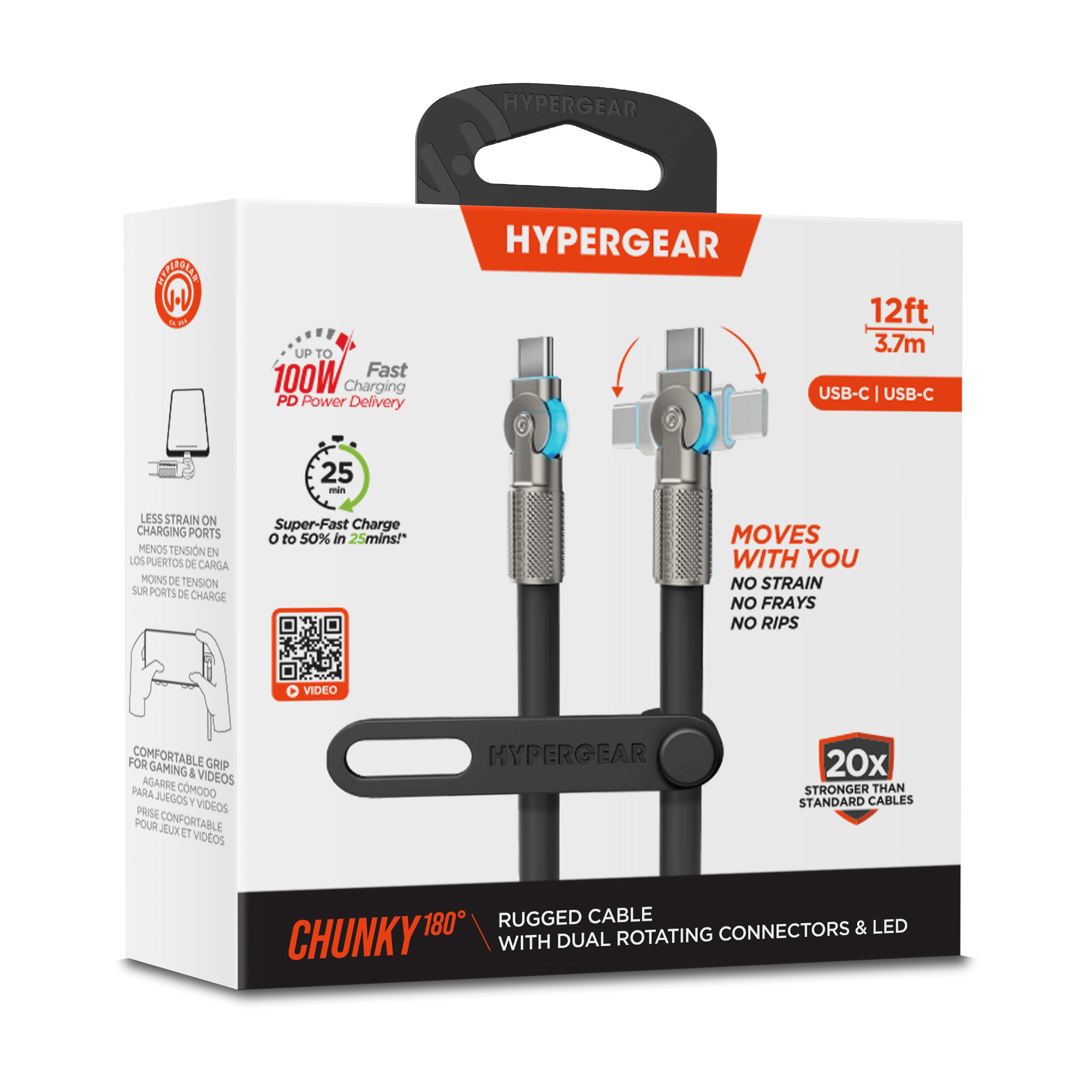 HyperGear Chunky180° 100W USB-C to USB-C Rugged Fast Charge Cable 12ft Jupiter Gear Home