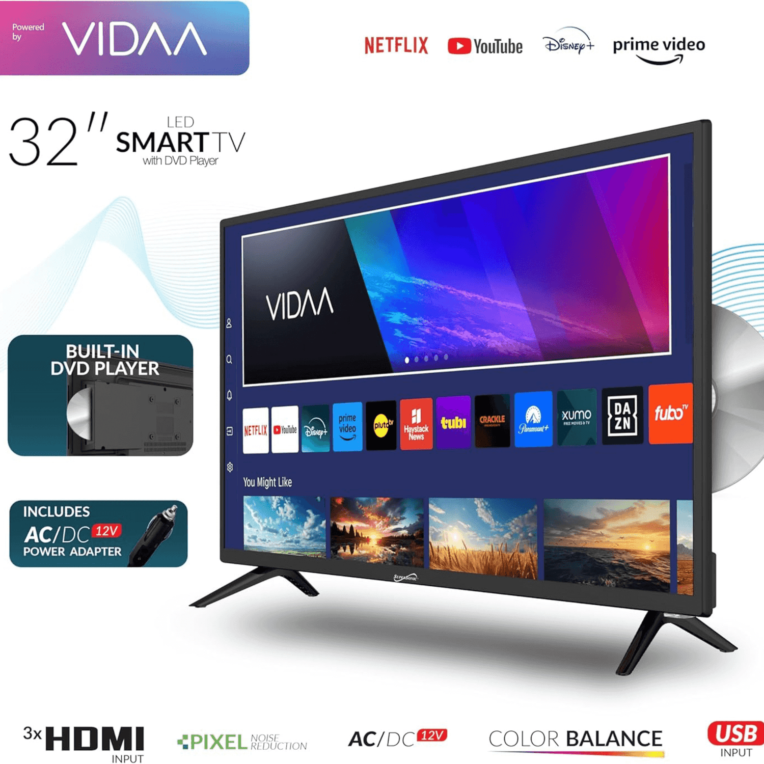 Supersonic 32-inch DLED Smart HDTV with DVD Player ATSC and NTSC System ACDC Compatible Jupiter Gear Home