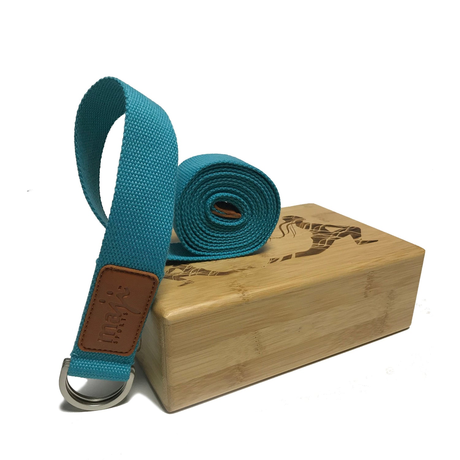 Maji Sports Laser Engraved Bamboo Yoga Block &amp; Strap Combo Jupiter Gear Home