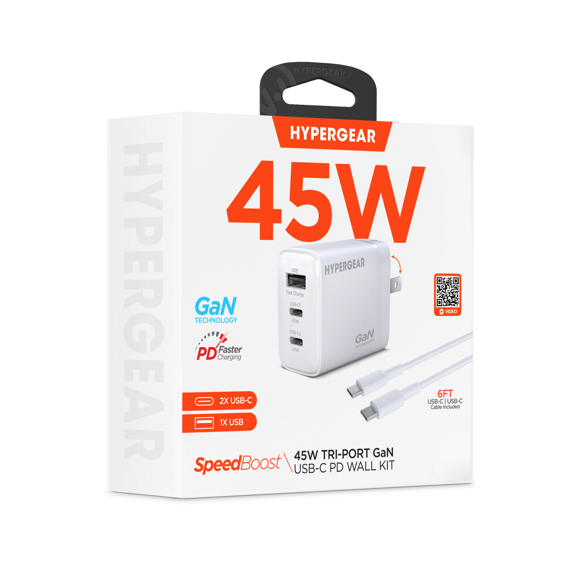 HyperGear SpeedBoost 45W USB-C PD Tri-Port GaN Fast Wall Charger with PPS and 6ft USB-C Cable Jupiter Gear Home