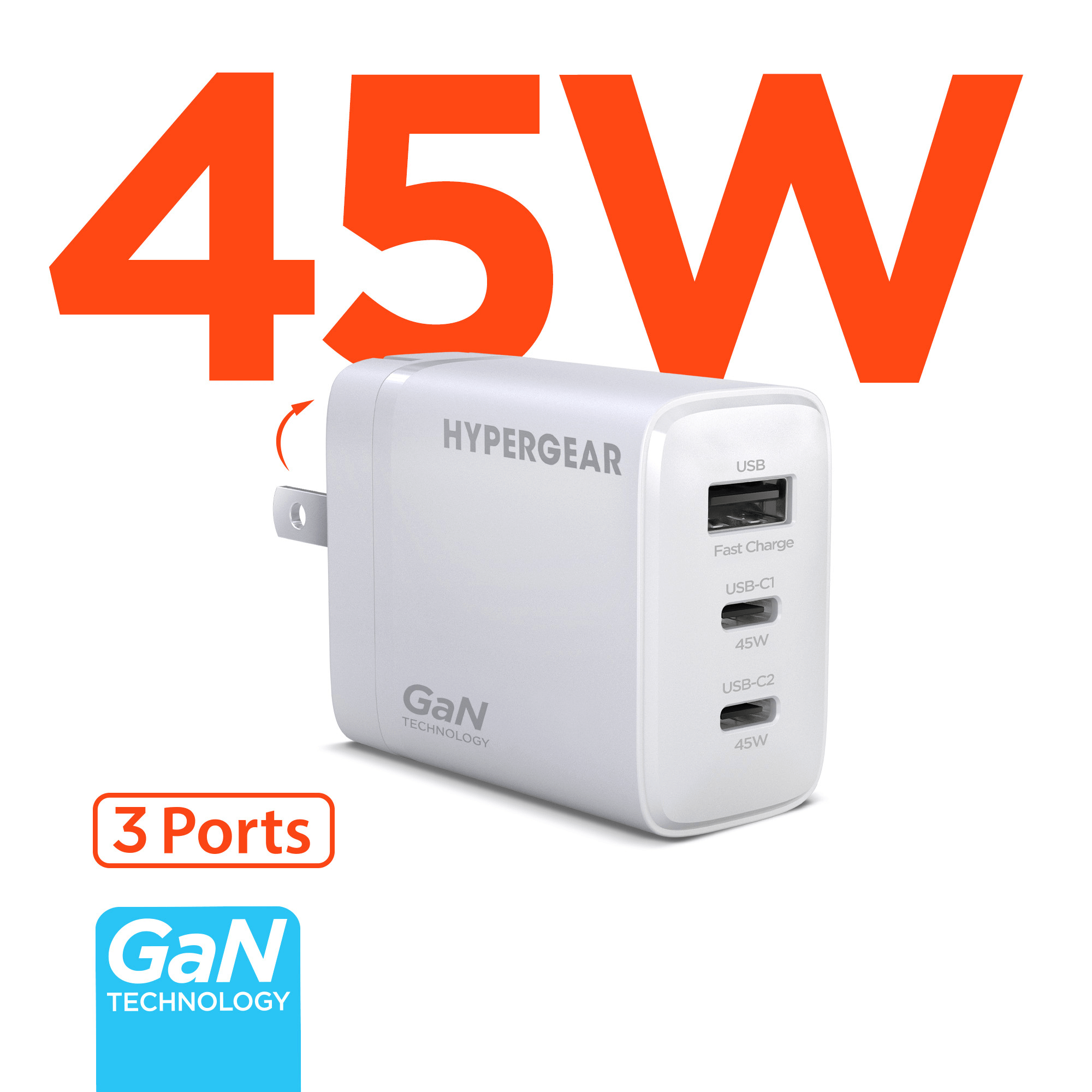 HyperGear SpeedBoost 45W USB-C PD Tri-Port GaN Fast Wall Charger with PPS Jupiter Gear Home