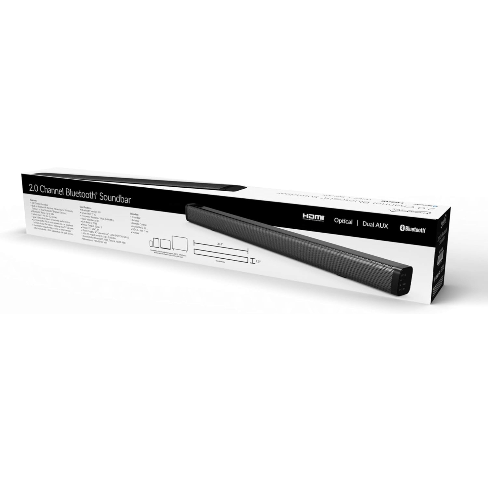 Supersonic 30-inch Optical Bluetooth 2.0 Channel Soundbar with Dual AUX Inputs Jupiter Gear Home
