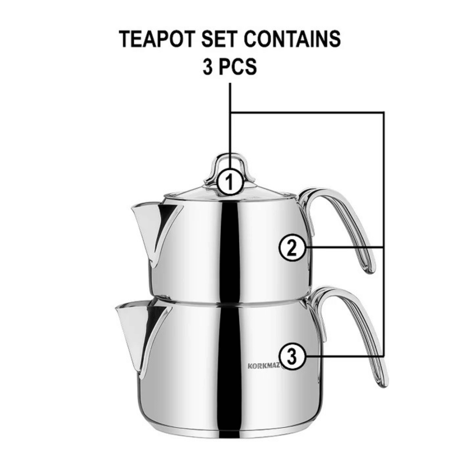 Korkmaz Perla Mega 3-Piece Stainless Steel Teapot Set Jupiter Gear Home