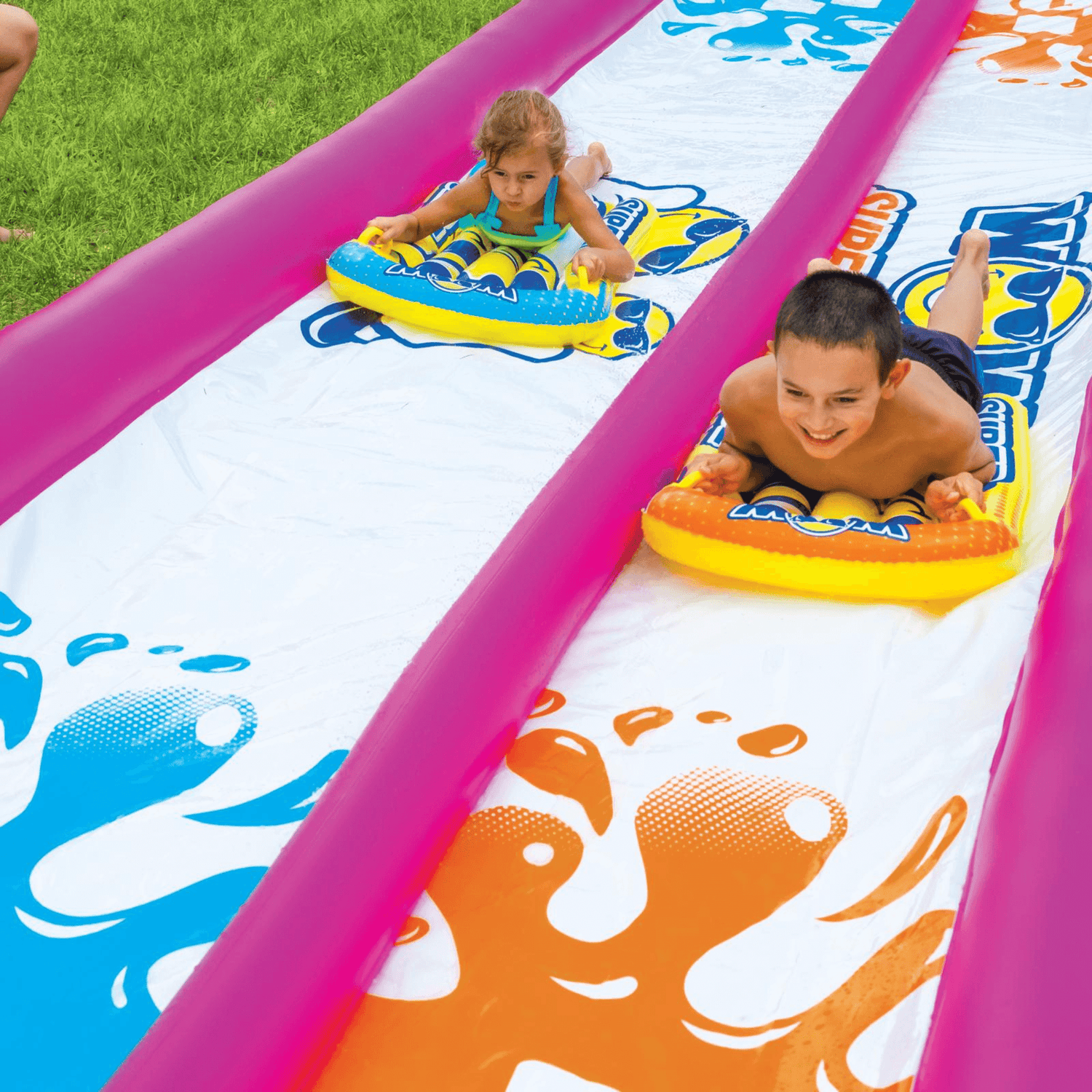 WOW Watersports Giant Backyard Double Lane Lawn Slide, Heavy Duty PVC and 2 Inflatable Sleds Jupiter Gear Home