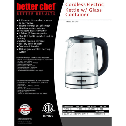Better Chef 1100W 7-Cup Cordless Electric Borosilicate Glass Kettle with Stainless Steel Accents Jupiter Gear Home