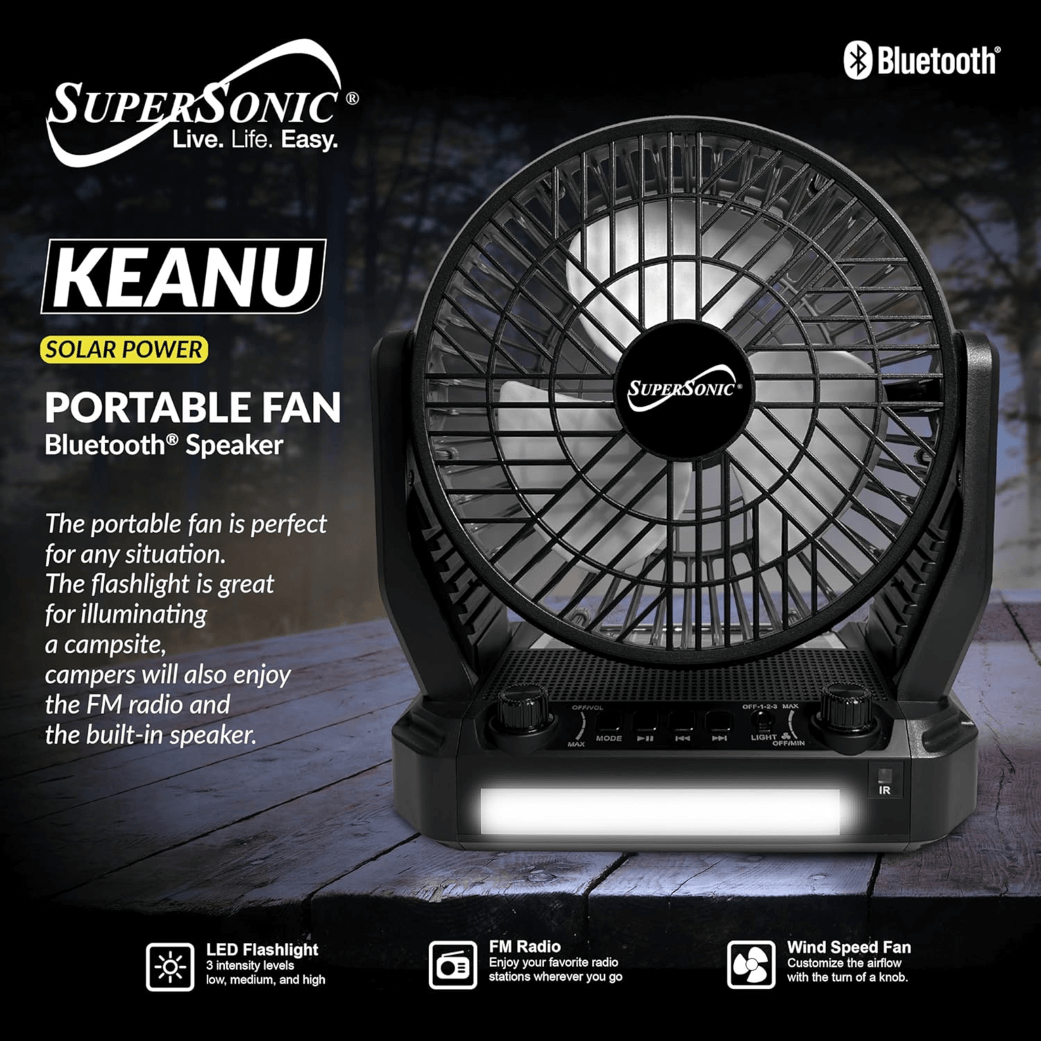 Supersonic Solar-Powered BT Speaker with FM Radio, LED Flashlight, and Fan Jupiter Gear Home